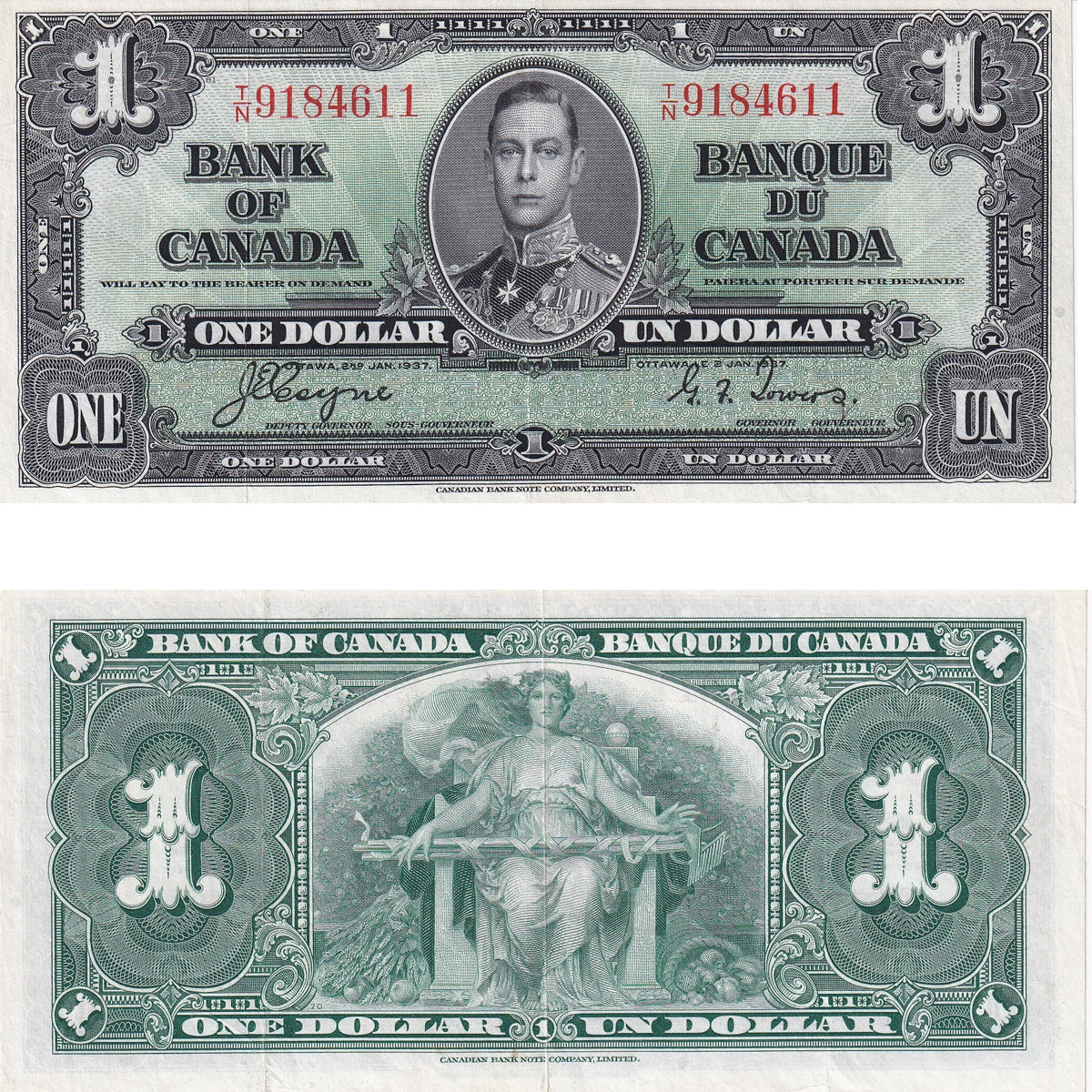 BC-21d 1937 Canada $1 Coyne-Towers, T/N, VF-EF (VF30)