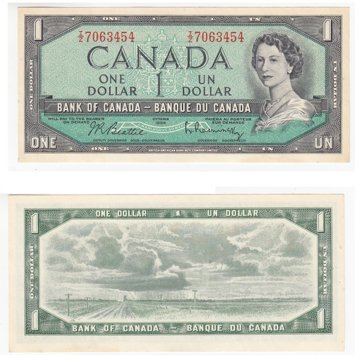 BC-37b-i 1954 Canada $1 Beattie-Rasminsky, I/Z, Choice Uncirculated (CUNC63)