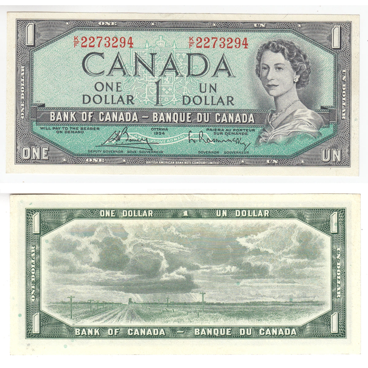 BC-37c 1954 Canada $1 Bouey-Rasminsky, K/F, Almost Uncirculated (AU50)