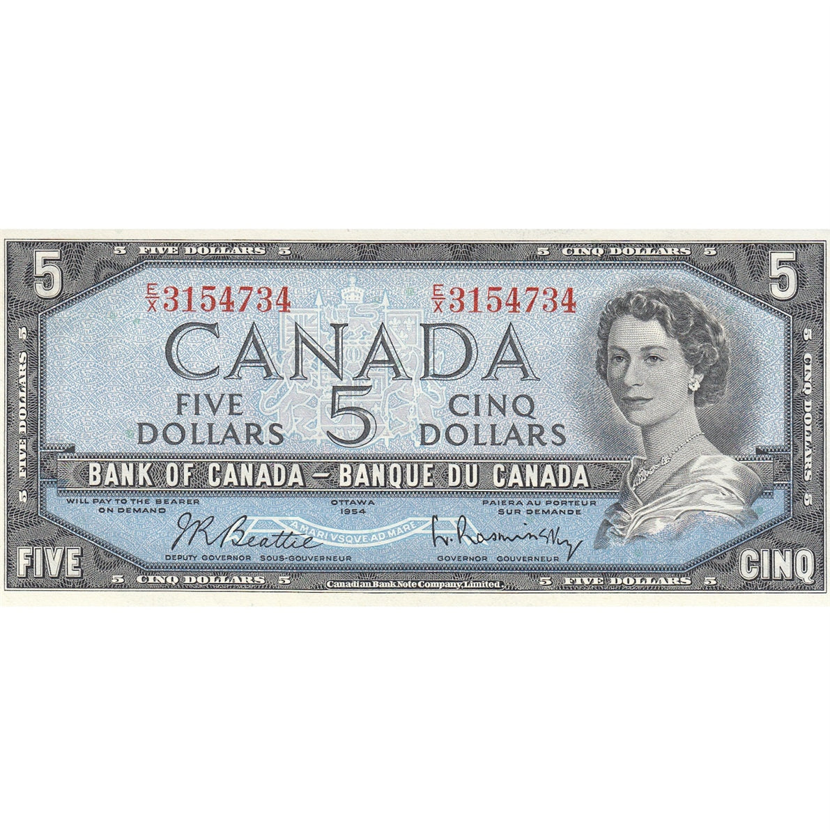 BC-39b 1954 Canada $5 Beattie-Rasminsky, E/X, AU