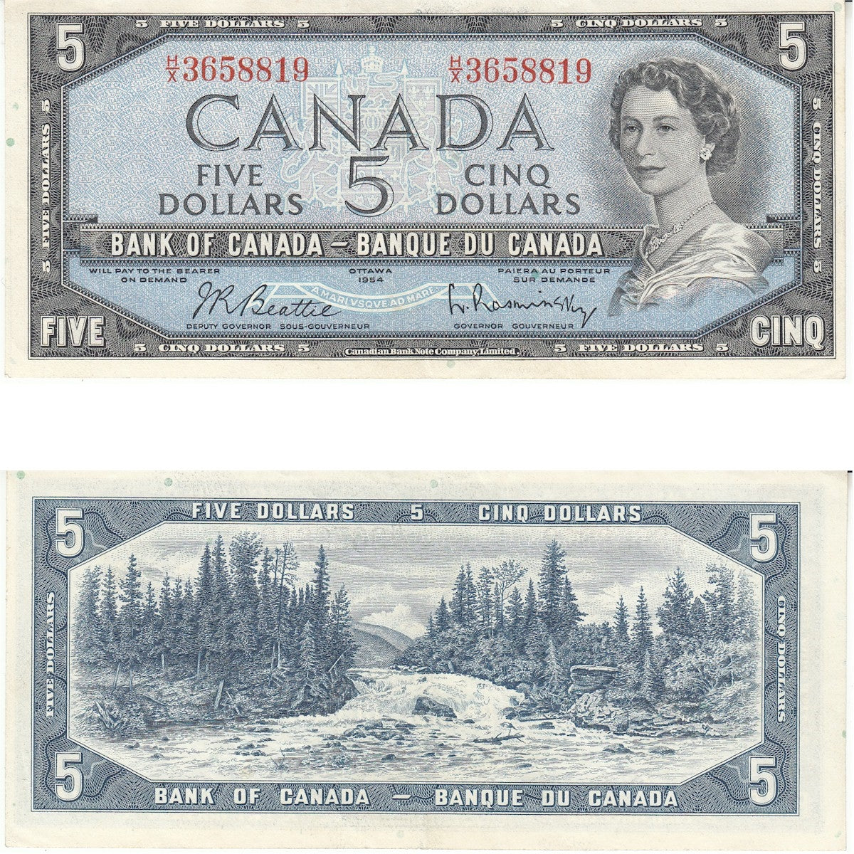 BC-39b 1954 Canada $5 Beattie-Rasminsky, H/X, Extra Fine (EF40)