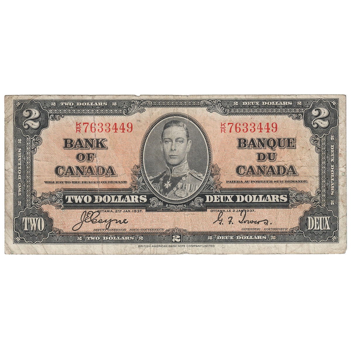 BC-22c 1937 Canada $2 Coyne-Towers, K/R, VG