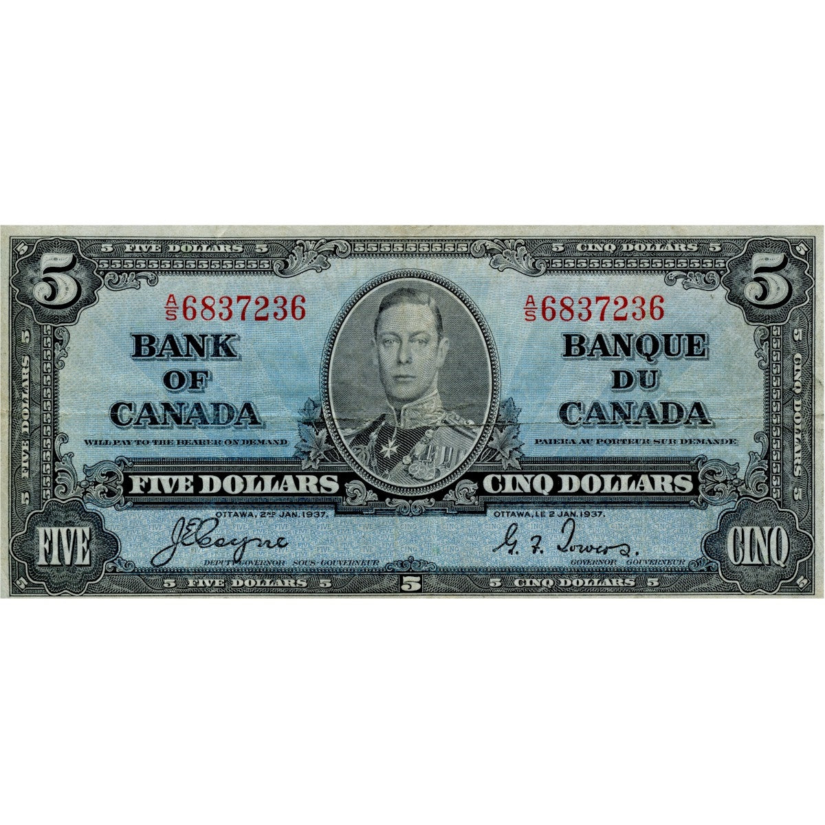 BC-23c 1937 Canada $5 Coyne-Towers, A/S, F