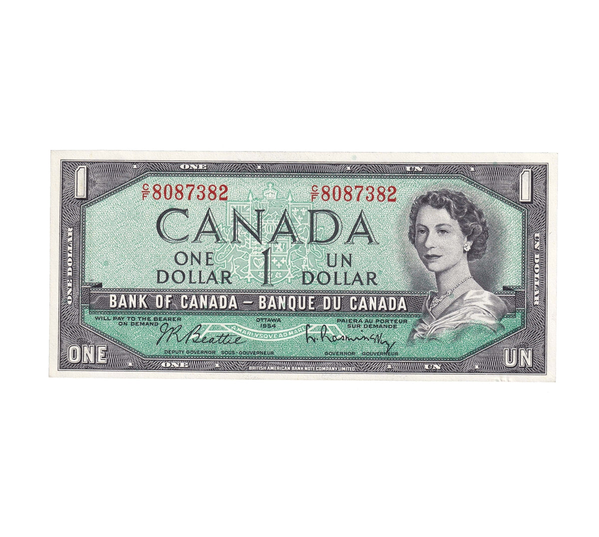 BC-37b-i 1954 Canada $1 Beattie-Rasminsky, C/F, AU-UNC