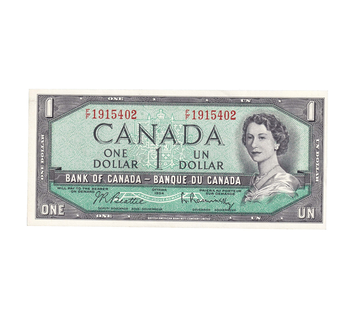 BC-37b-i 1954 Canada $1 Beattie-Rasminsky, F/F, AU