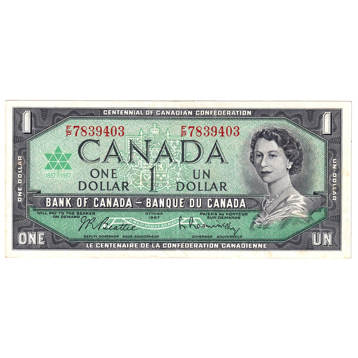 BC-45b-i 1967 Canada $1 Beattie-Rasminsky, F/P, EF