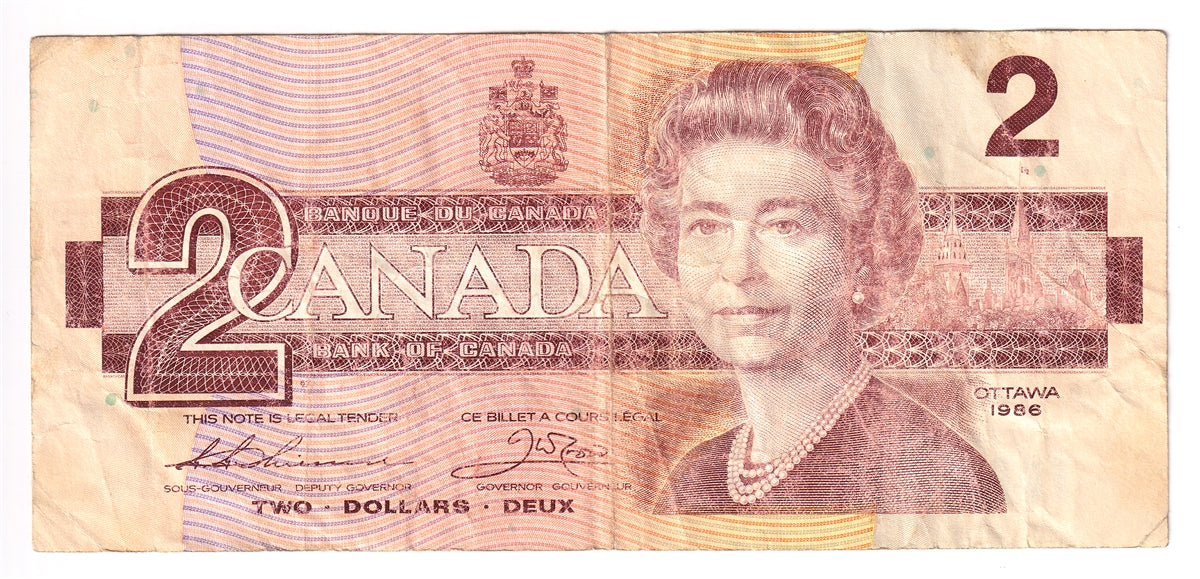 BC-55b 1986 Canada $2 Thiessen-Crow, BGR, Large/Small B's, Circ