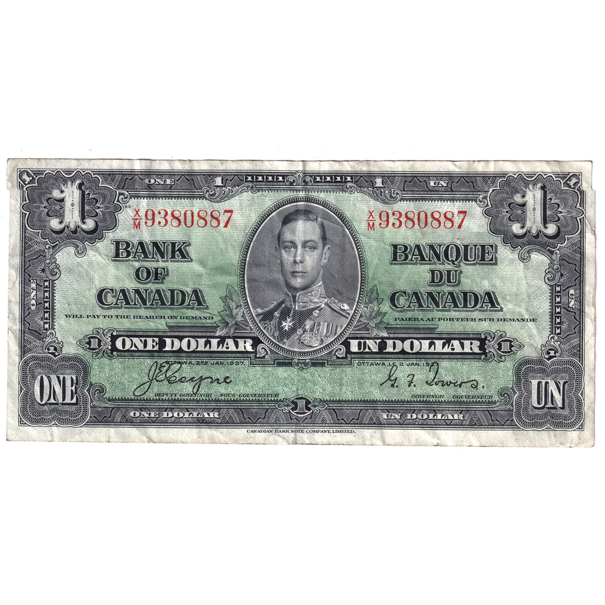 BC-21d 1937 Canada $1 Coyne-Towers, X/M, VF