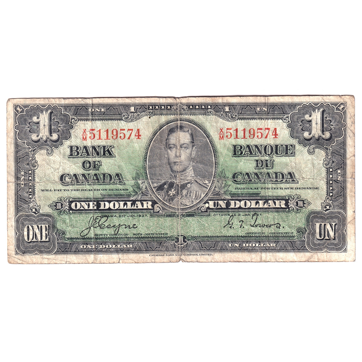 BC-21d 1937 Canada $1 Coyne-Towers, X/M, Circ