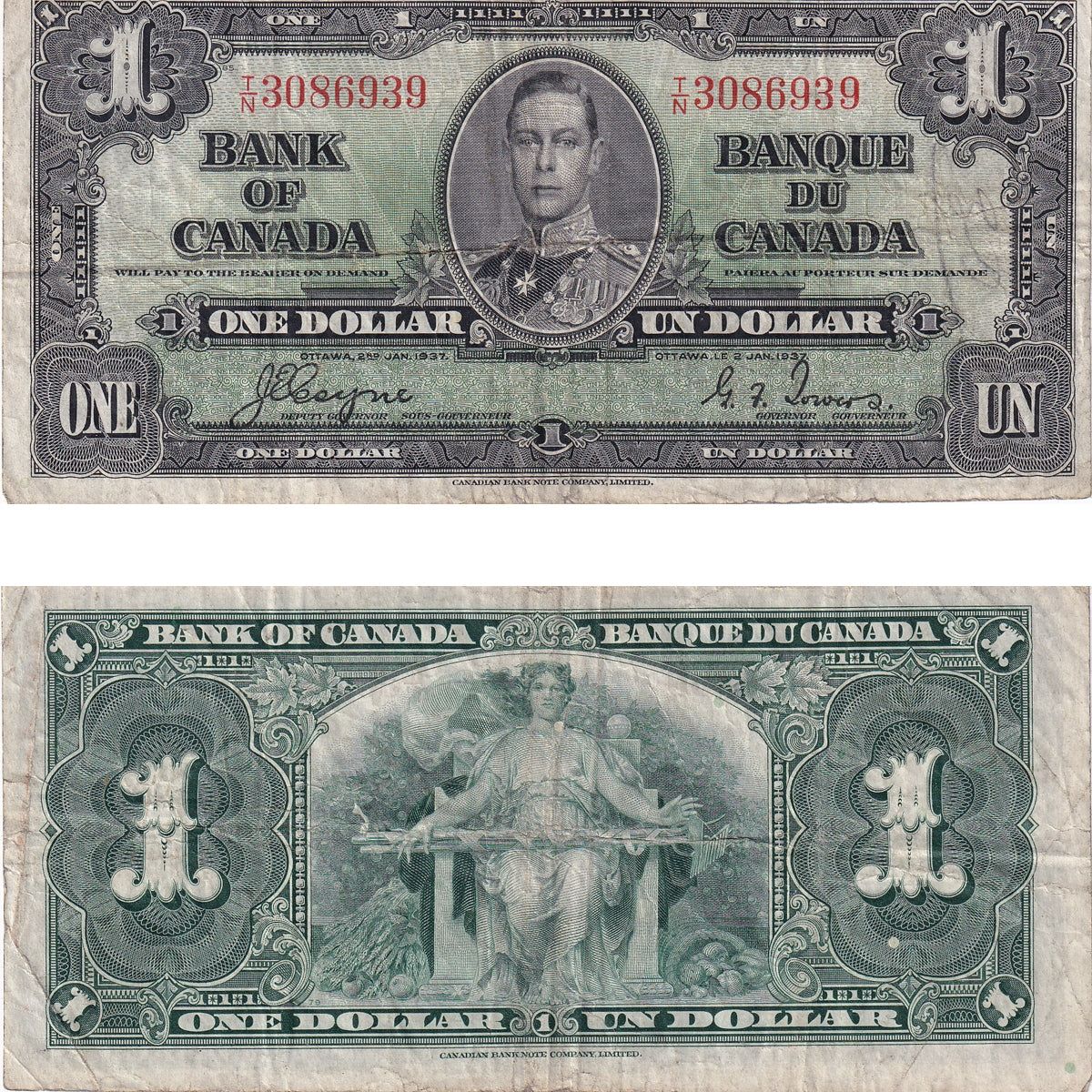 BC-21d 1937 Canada $1 Coyne-Towers, T/N, Fine (F12)