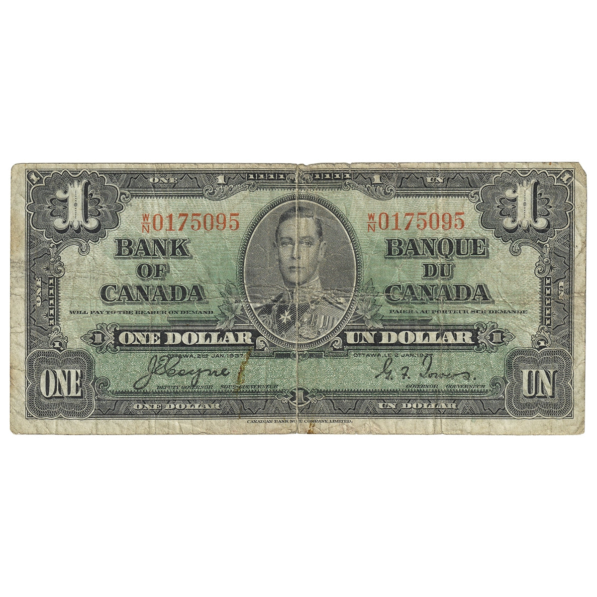 BC-21d 1937 Canada $1 Coyne-Towers, W/N, CIRC