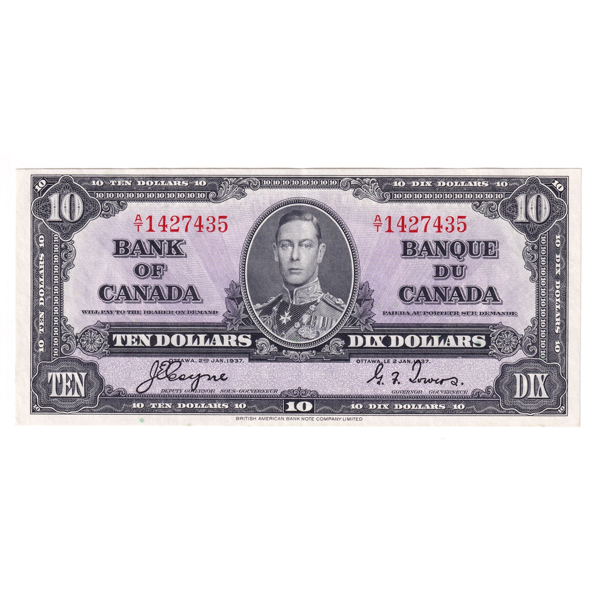 BC-24c 1937 Canada $10 Coyne-Towers, A/T, EF-AU