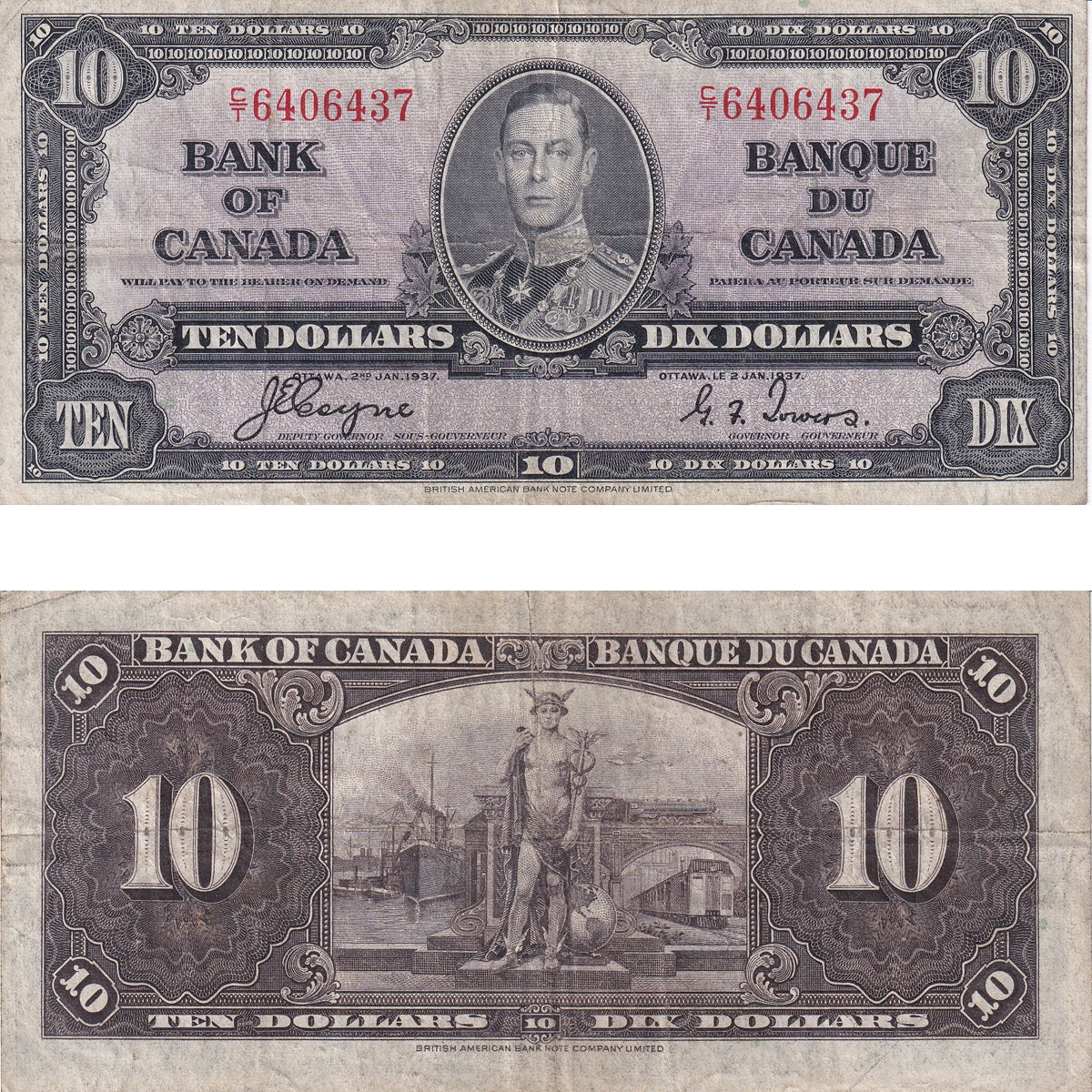 BC-24c 1937 Canada $10 Coyne-Towers, C/T, Fine (F12)