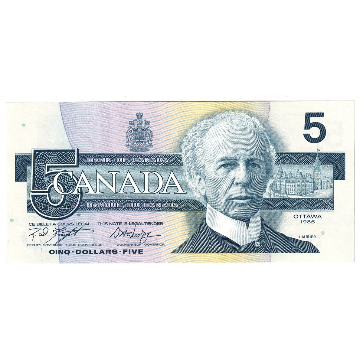BC-56eA-i 1986 Canada $5 Knight Dodge, ANP (4.32-4.54), Almost Uncirculated (AU50)