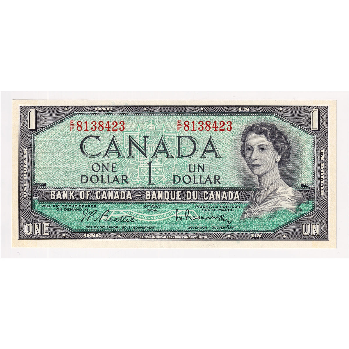 BC-37b-i 1954 Canada $1 Beattie-Rasminsky, E/F, EF-AU