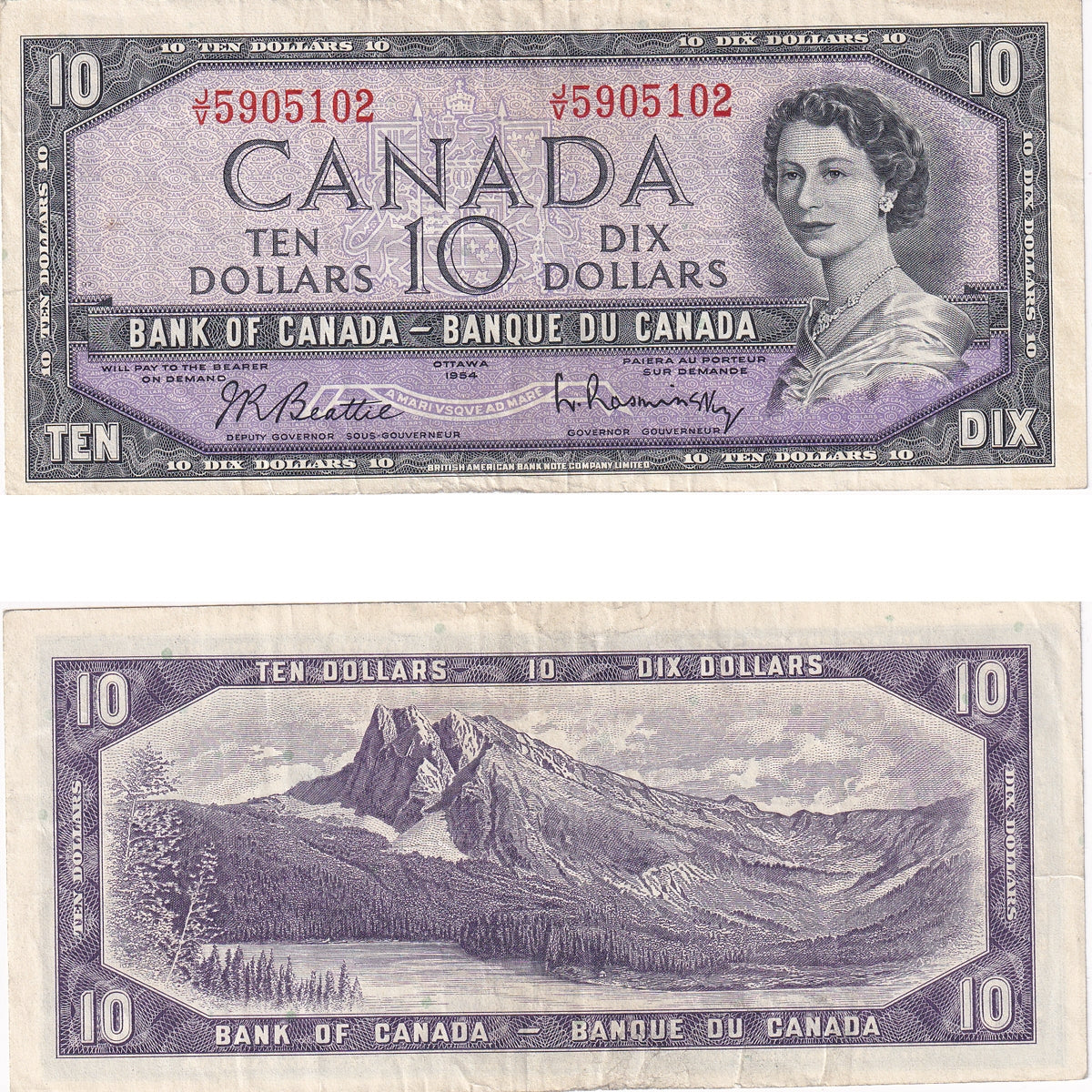 BC-40b 1954 Canada $10 Beattie-Rasminsky, J/V, Very Fine (VF20)