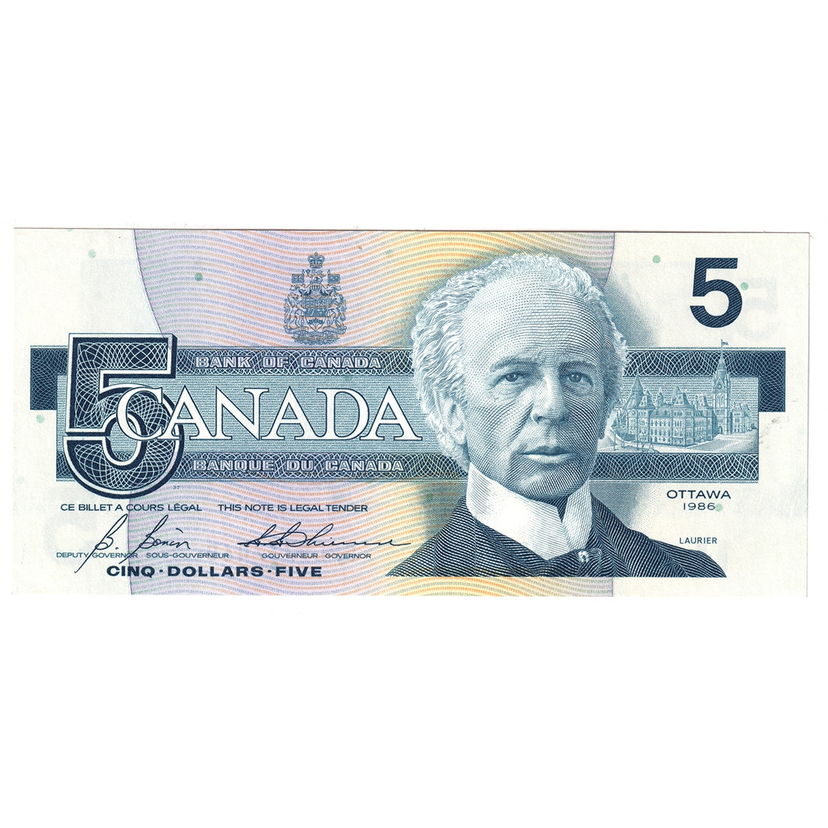 BC-56c 1986 Canada $5 Bonin-Thiessen, GPL, AU-UNC