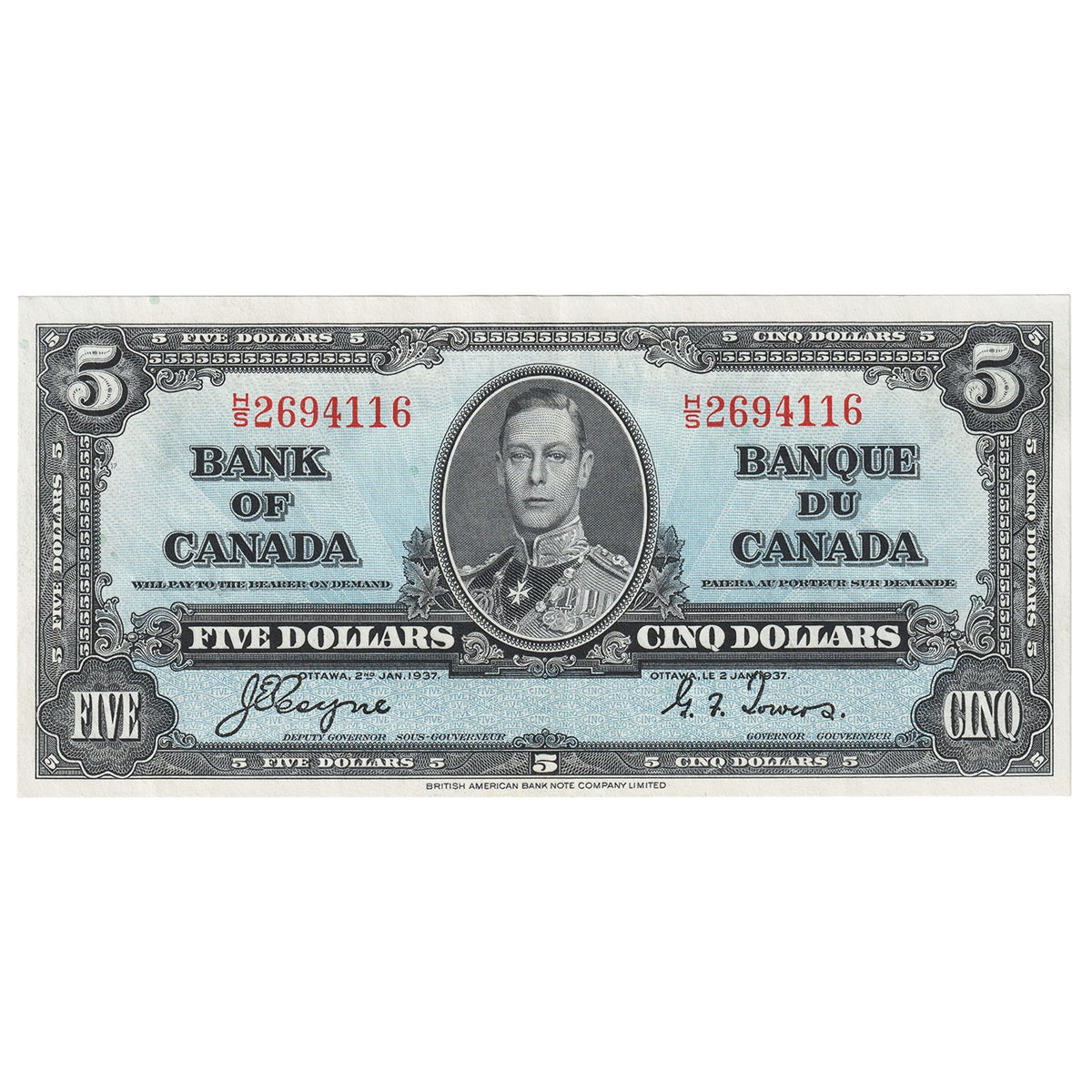 BC-23c 1937 Canada $5 Coyne-Towers, H/S, EF-AU
