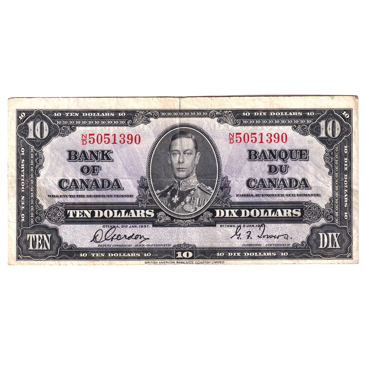 BC-24b 1937 Canada $10 Gordon-Towers, N/D, F-VF