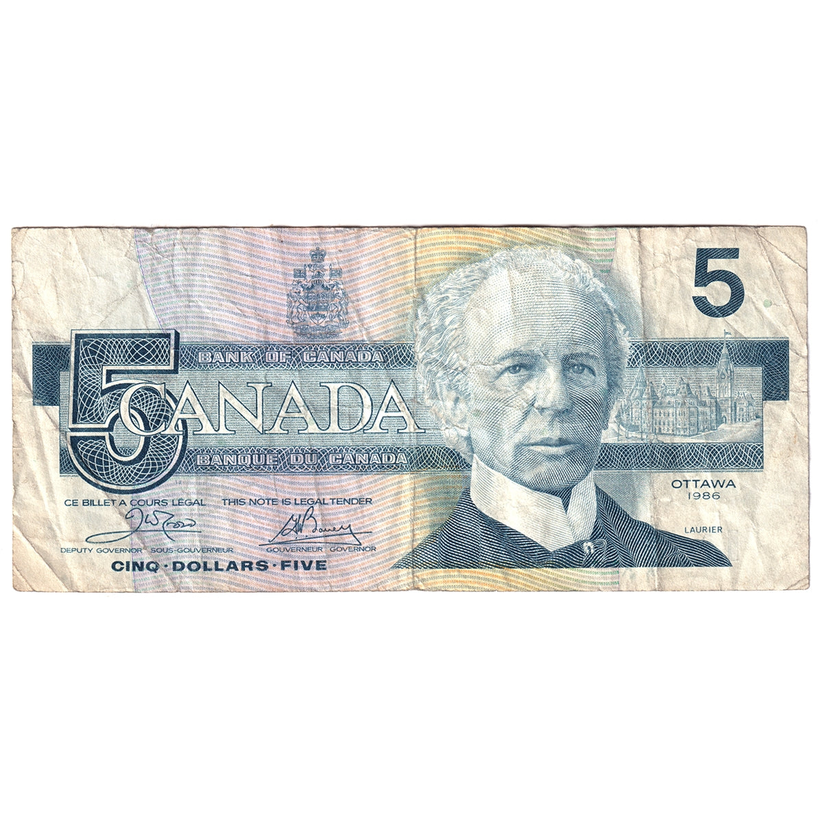 BC-56aA 1986 Canada $5 Crow-Bouey, ENX, Yellow Back Position Number, Fine (F12)