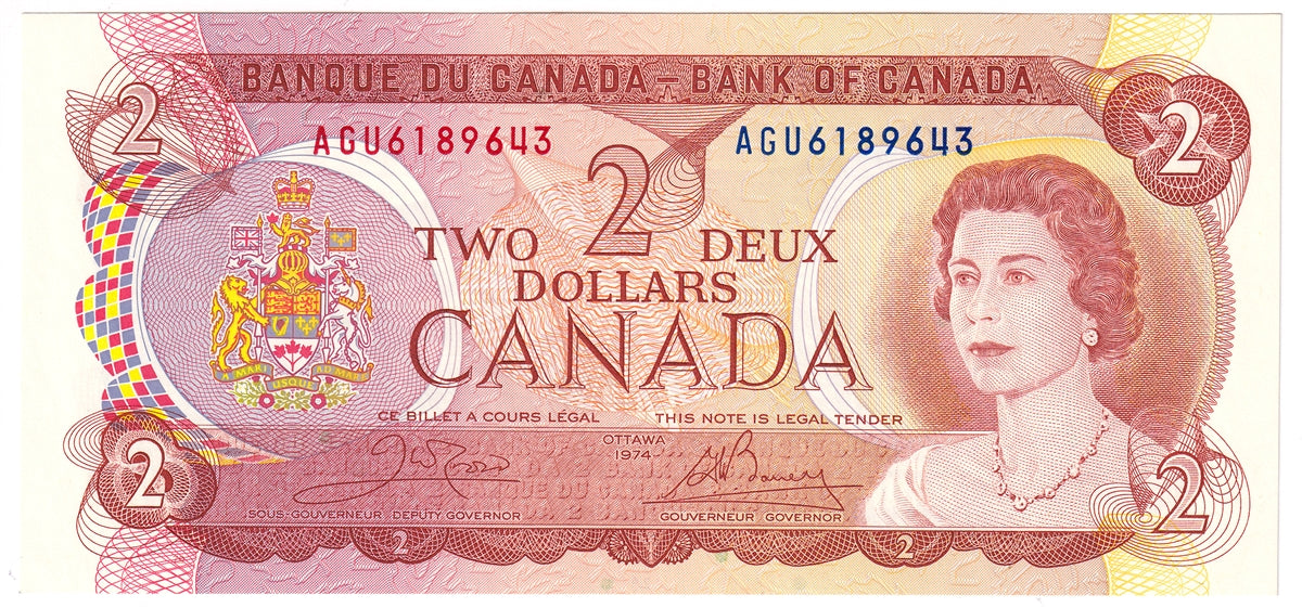 BC-47b 1974 Canada $2 Crow-Bouey, AGU, AU-UNC