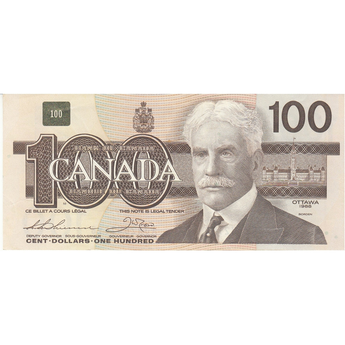 BC-60a 1988 Canada $100 Thiessen-Crow, AJN, Almost Uncirculated (AU50)