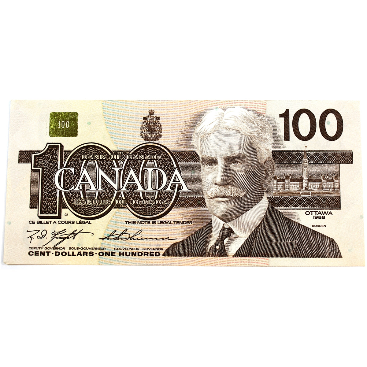 BC-60c 1988 Canada $100 Knight-Thiessen, BJI, Almost Uncirculated (AU50)