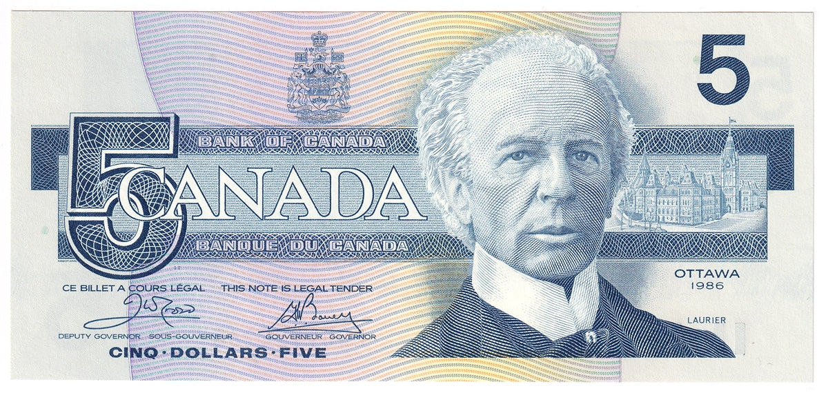 BC-56a-i 1986 Canada $5 Crow-Bouey, EOU, Choice Uncirculated (CUNC63)
