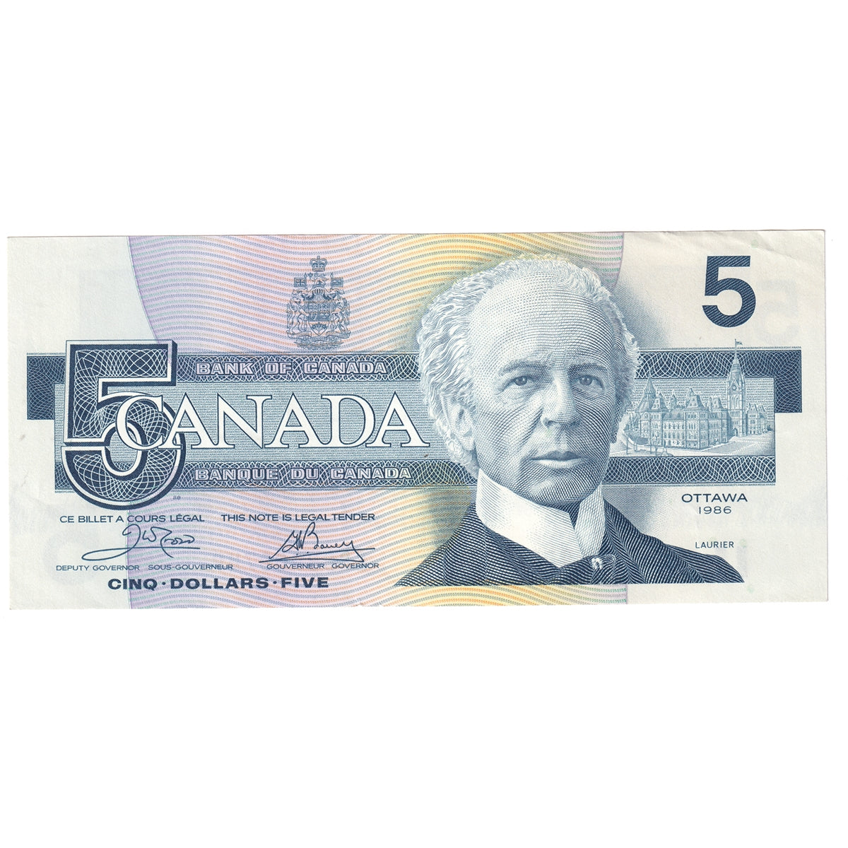 BC-56a-i 1986 Canada $5 Crow-Bouey, EPB, Almost Uncirculated (AU50)