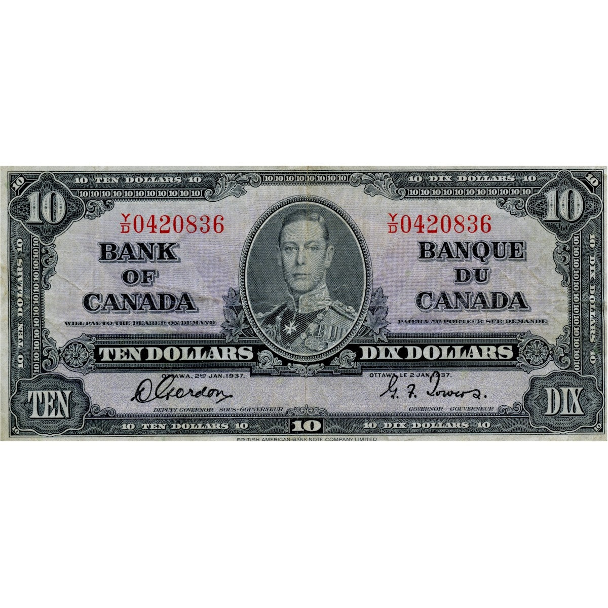 BC-24b 1937 Canada $10 Gordon-Towers, Y/D, F-VF