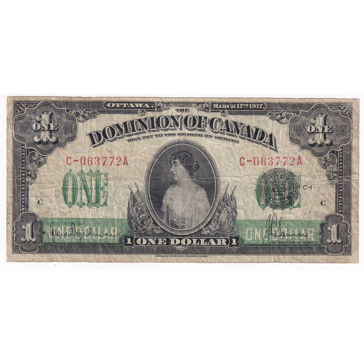 DC-23c 1917 Dominion $1 Hyndman-Saunders, Seal over ONE, Series C, F-VF
