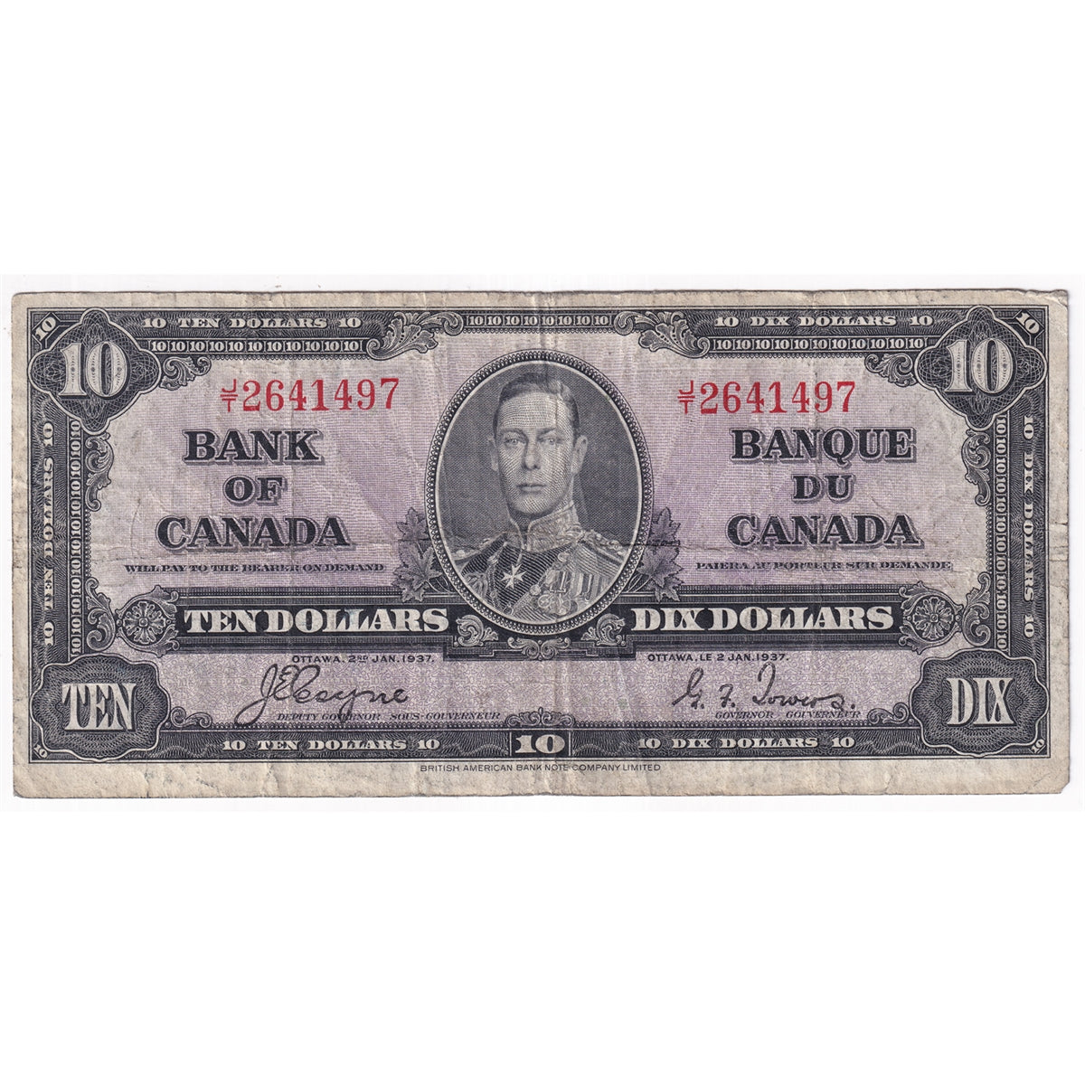 BC-24c 1937 Canada $10 Coyne-Towers, J/T, VG-F