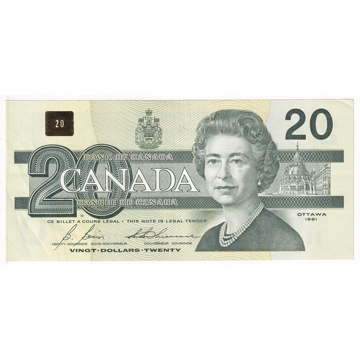 BC-58b-i 1991 Canada $20 Bonin-Thiessen, AVD, Almost Uncirculated (AU50)