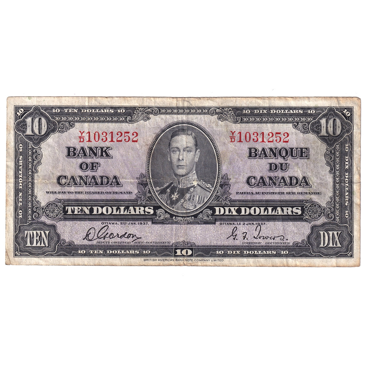 BC-24b 1937 Canada $10 Gordon-Towers, Y/D, F