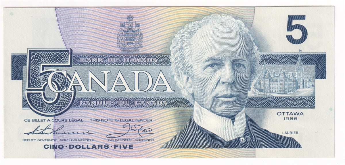 BC-56b 1986 Canada $5 Thiessen-Crow, FOE, Almost Uncirculated (AU50)