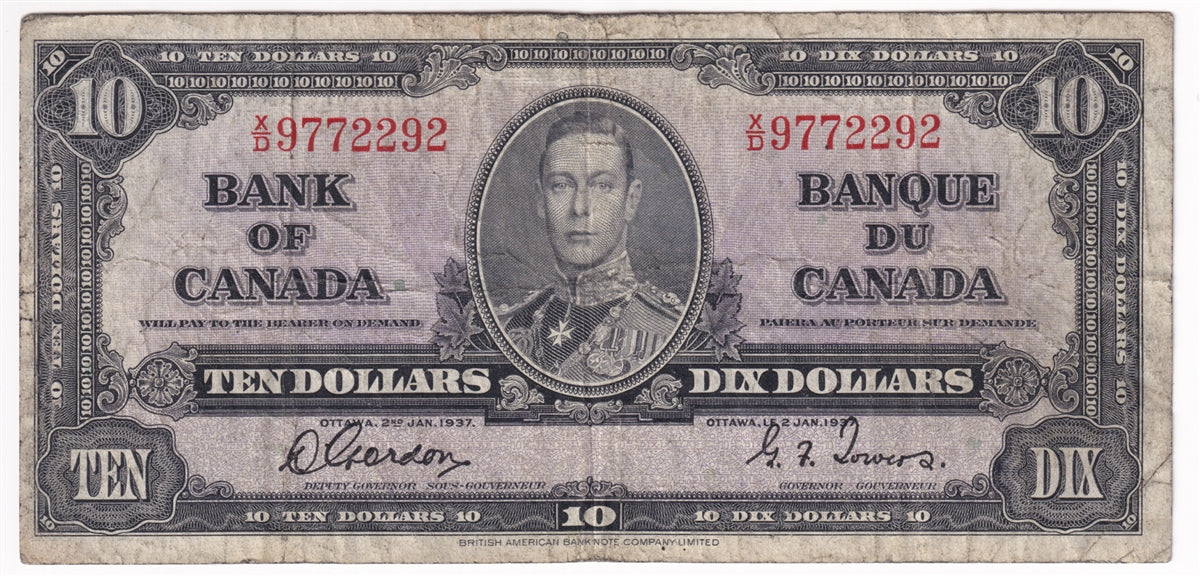 BC-24b 1937 Canada $10 Gordon-Towers, X/D, VG-F