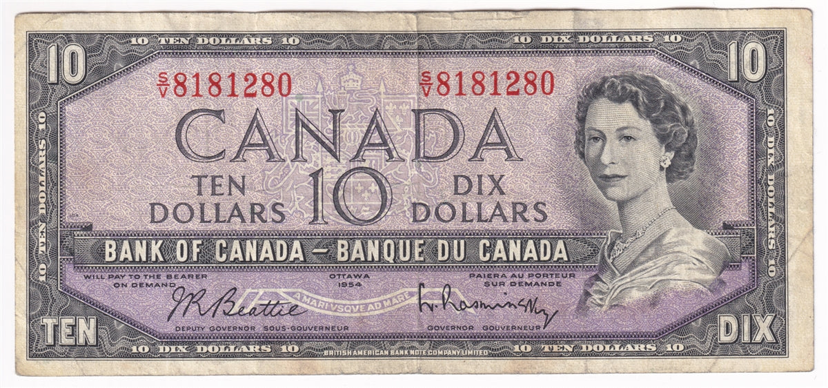 BC-40b 1954 Canada $10 Beattie-Rasminsky, S/V, F