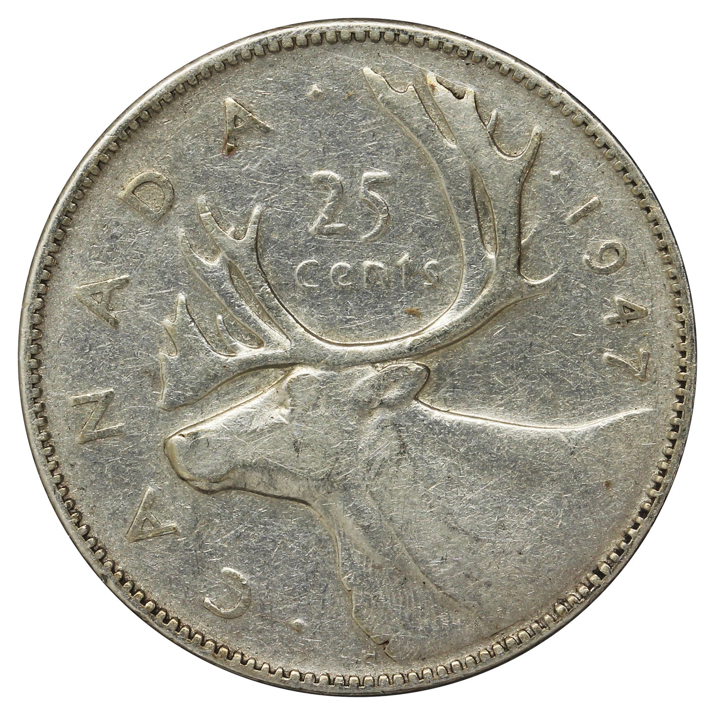 1947 Dot Canada 25-cents Very Good (VG8) Cleaned