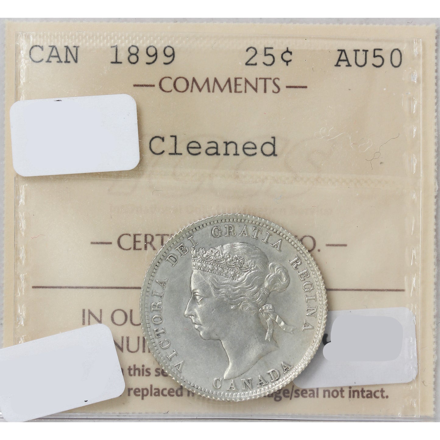 1899 Canada 25-cents ICCS Certified AU-50 Cleaned