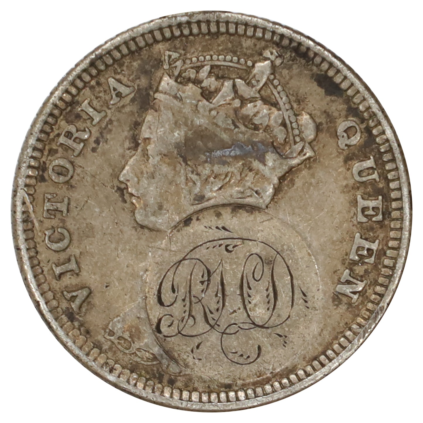 Hong Kong 1888 Love Token on Victorian 10-cent Very Fine (VF20) Toned