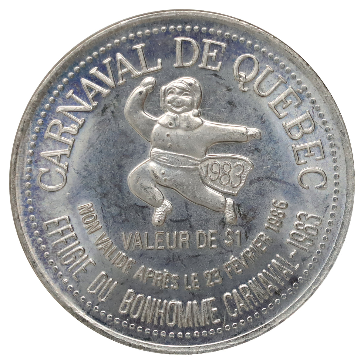 1986 Dollar du Carnaval de Quebec Trade Token: Effigie du Bonhomme Carnaval ~ 1983
