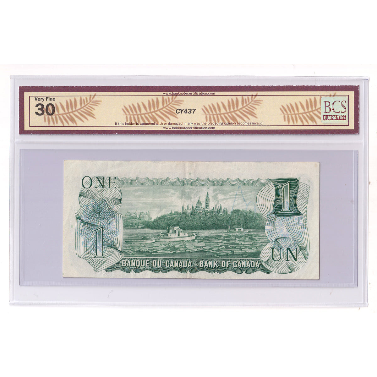 BC-46a-E25-i 1973 Canada $1 Lawson-Bouey, 2 Letter Serial FD, BCS Cert. VF30 (issues)
