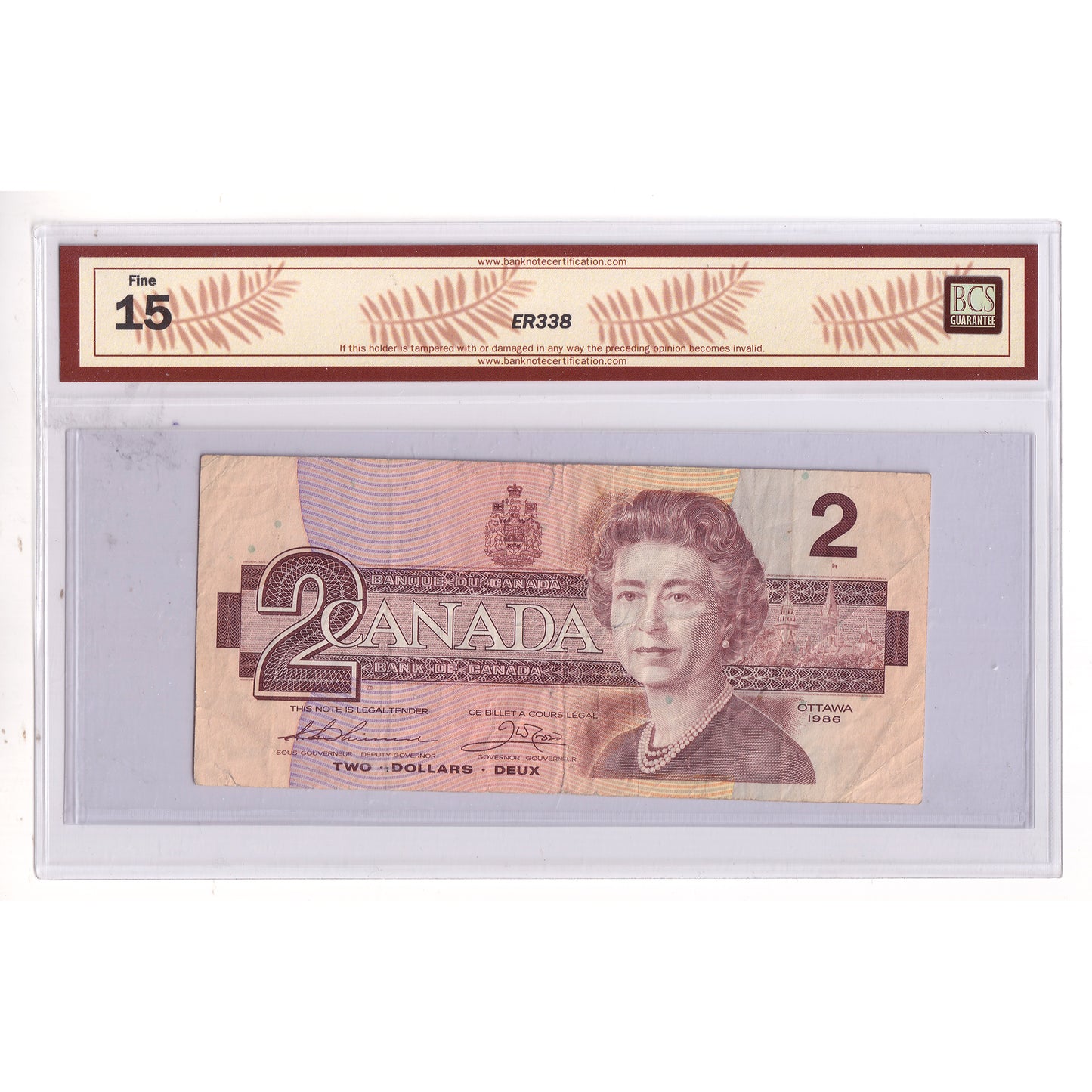 BC-55bA 1986 Canada $2 Thiessen-Crow, Replacement, BRX, BCS Certified F15 (stain, tears)