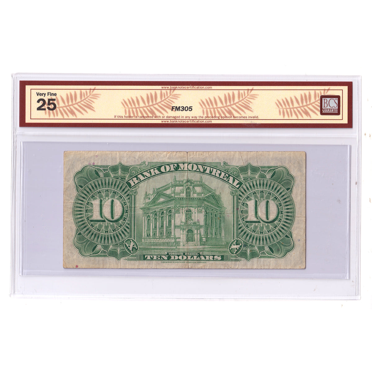 505-62-04 1938 Bank of Montreal $10 Spinney-Gordon, Check Letter D, BCS Crt. VF25 (stain)