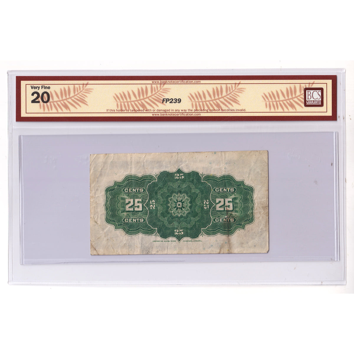 DC-15b-E25a-i 1900 Dominion 25-cent Shinplaster, Boville, BCS Cert. VF20 (cut off size)