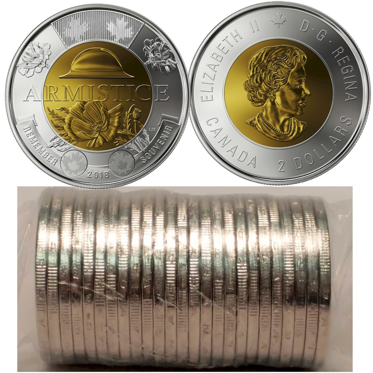 2018 Non-Coloured Canada $2 Armistice Original Roll of 25pcs