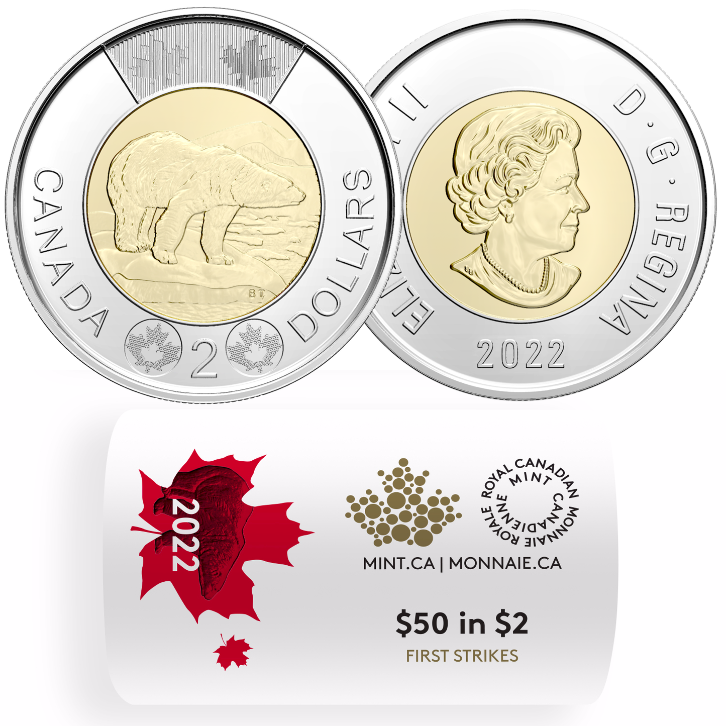 2022 Canada $2 Polar Bear Special Wrapped Roll of 25pcs