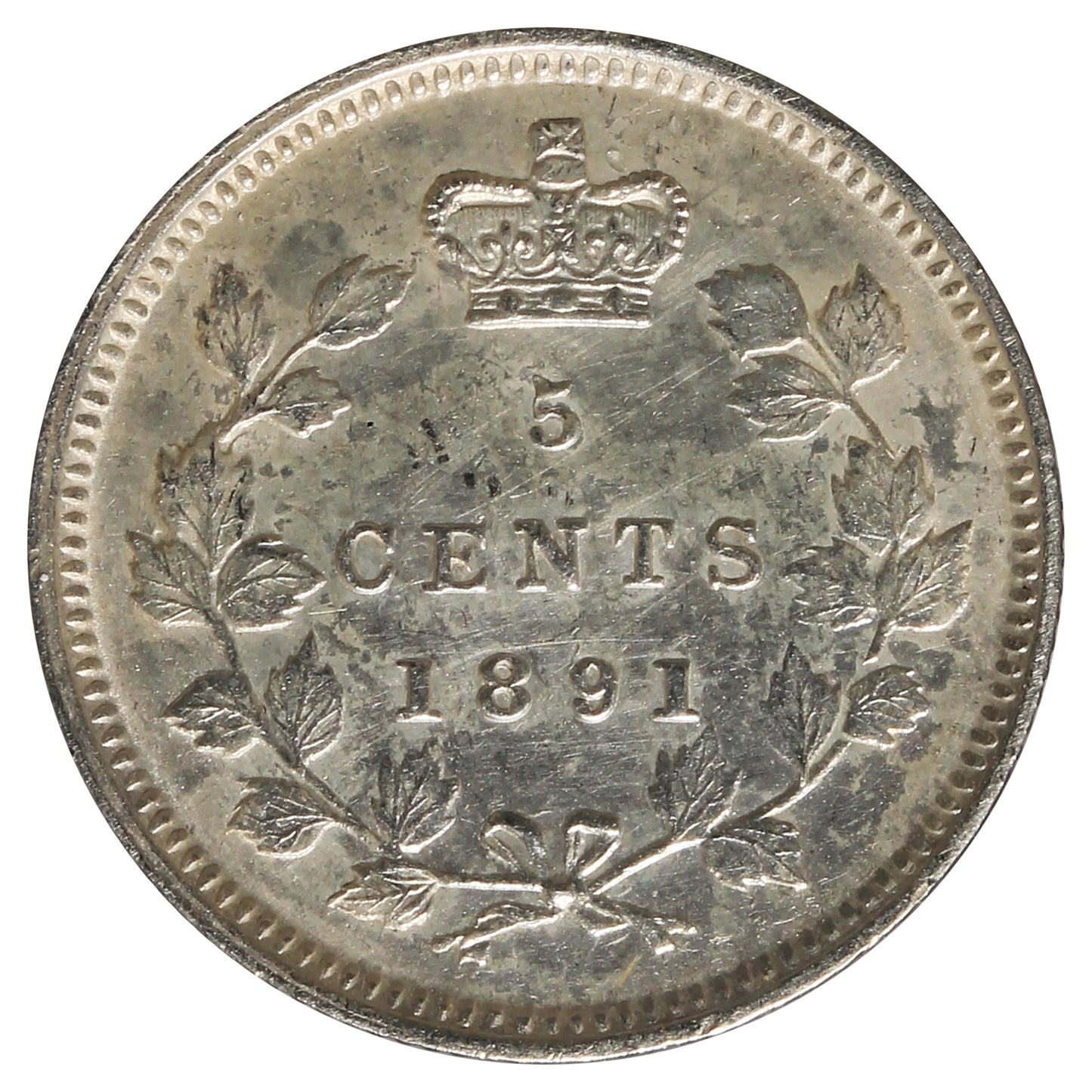 1891 Obv. 2 Canada 5-cents Almost Uncirculated (AU-50) Cleaned