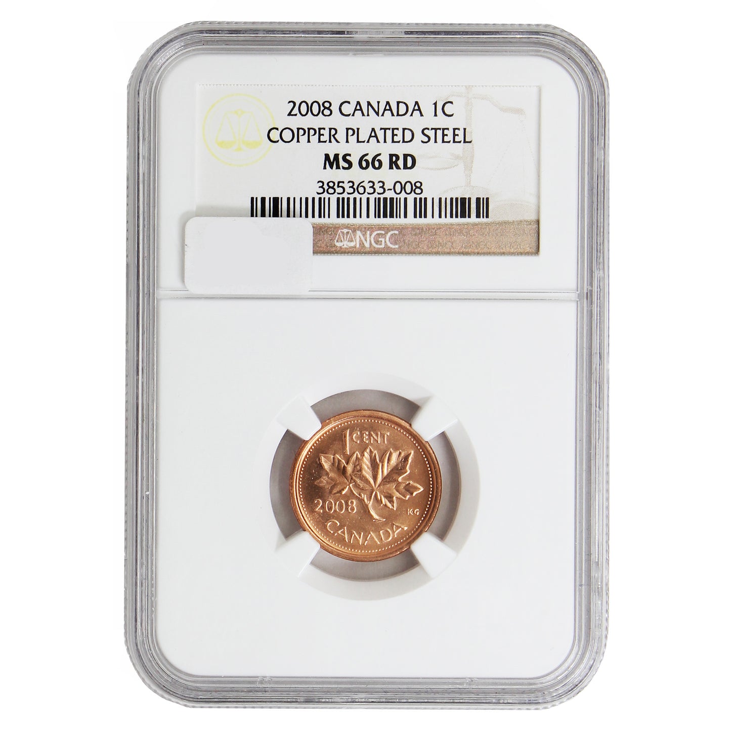 2008 Copper Plated Steel Canada 1-cent NGC Certified MS66 Red