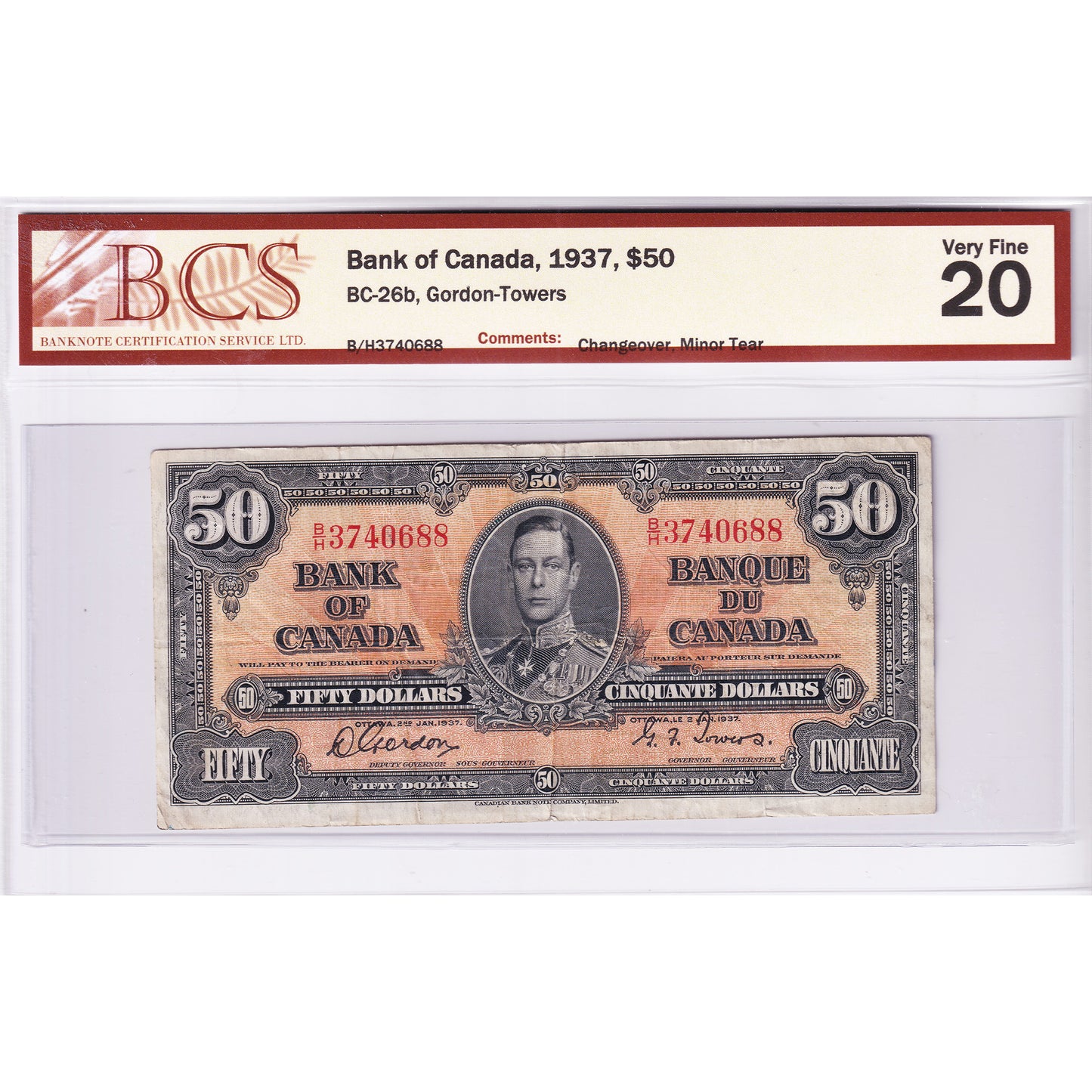 BC-26b 1937 Canada $50 Gordon-Towers, Changeover, B/H, BCS Certified VF20 (Minor Tear)